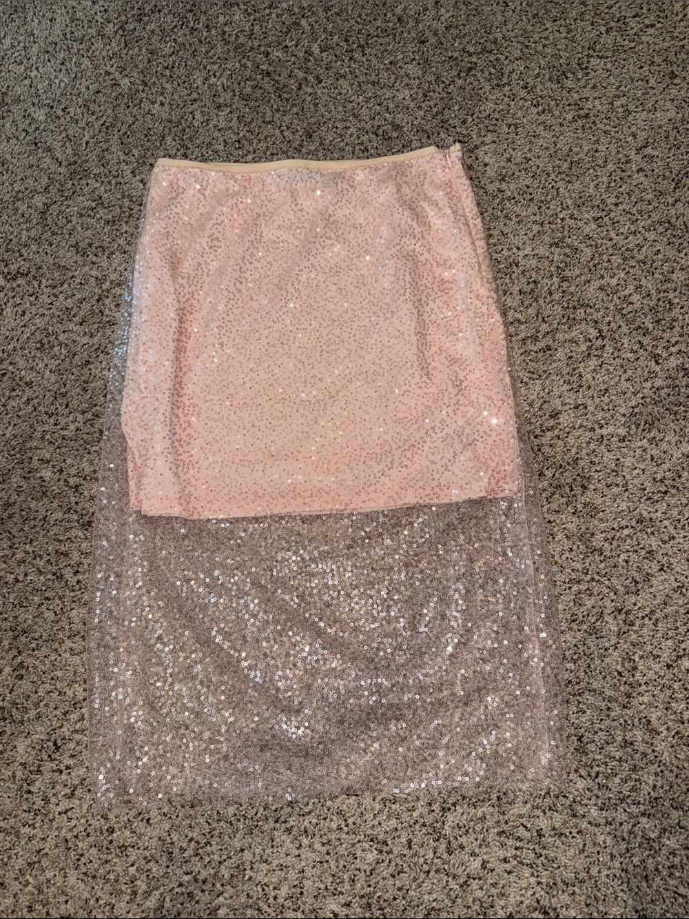 Vici Light Pink Sequin Midi Skirt with Sheer Overlay